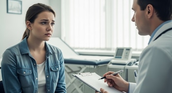 Una mujer joven con cabello recogido y camisa de mezclilla sentada frente a un médico de bata blanca que escribe en un portapapeles durante una consulta médica.