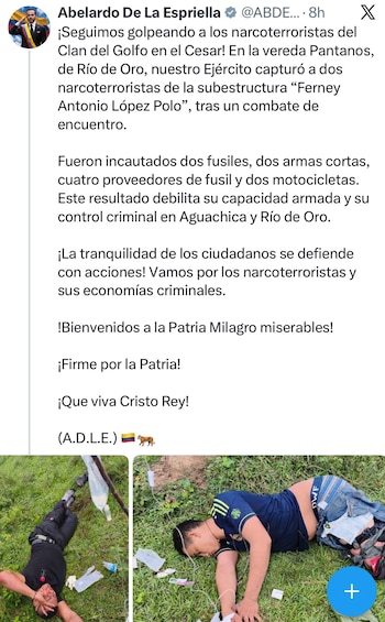 Abelardo de la Espriella que las autoridades capturaron a dos narcoterroristas de la subestructura 'Ferney Antonio López Polo' - crédito @ABDELAESPRIELLA/X