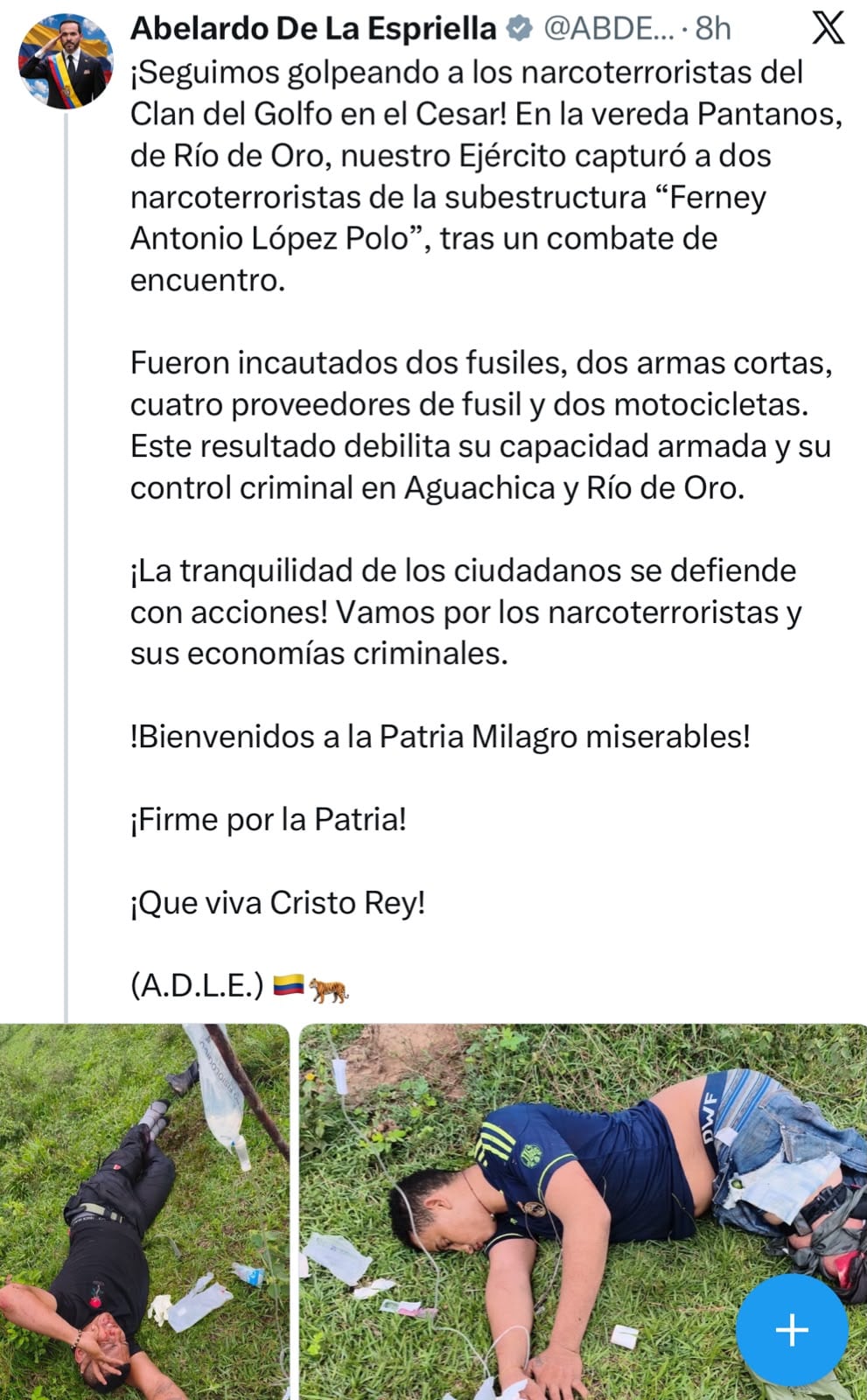 Abelardo de la Espriella que las autoridades capturaron a dos narcoterroristas de la subestructura