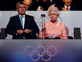 Thomas Bach and Queen Elizabeth II London 2012 Olympic Games