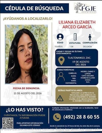 La ficha de búsqueda para localizar a Liliana Elizabeth. (FGJE)
