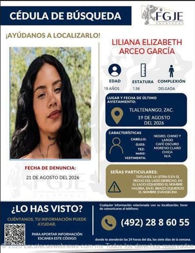 La ficha de búsqueda para localizar a Liliana Elizabeth. (FGJE)