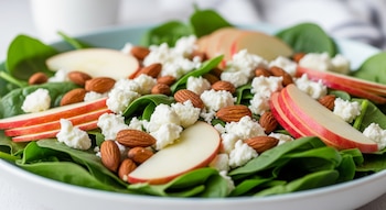 Plato grande con espinacas frescas, rodajas de manzana roja, queso de cabra y almendras tostadas sobre fondo claro.