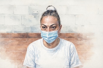 Pintura en acuarela de una persona con cabello recogido, usando una mascarilla quirúrgica azul y una camiseta blanca, sentada frente a una pared de ladrillo.