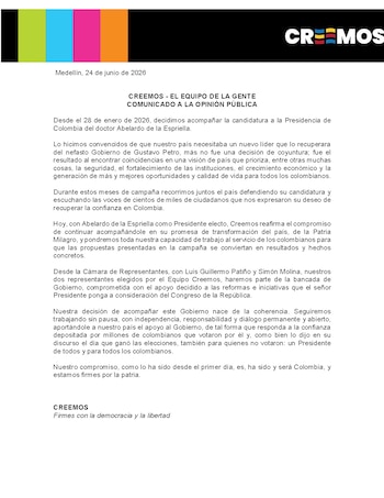 El partido Creemos informó que dos congresistas en la Cámara de Representantes apoyarán las iniciativas de Abelardo de la Espriella en el Legislativo - crédito @creemosco/X