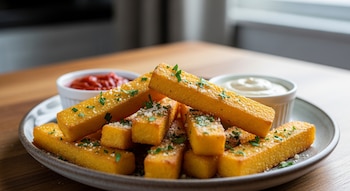 Primer plano de bastones de polenta dorados, cubiertos con queso rallado y perejil, servidos en un plato con dos cuencos de salsa en una mesa de madera.