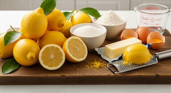 Ingredientes para rufas de limón: limones, harina, azúcar, mantequilla, huevos y un rallador, dispuestos sobre una tabla de madera clara.
