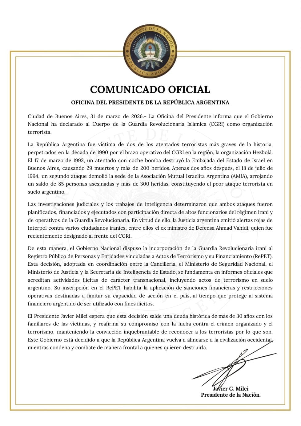 El comunicado que fue publicado por la Oficina del Presidente