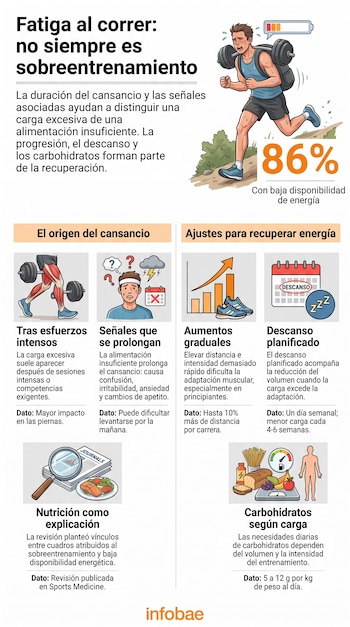 Infografía con texto sobre la fatiga al correr, un dibujo de un hombre cansado, un gráfico de barras, alimentos y un calendario de descanso.