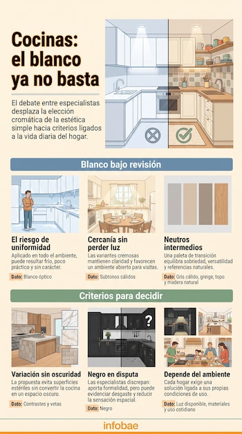 Infografía titulada Cocinas el blanco ya no basta, con ilustraciones de diversos ambientes de cocina y textos explicativos sobre diseño.