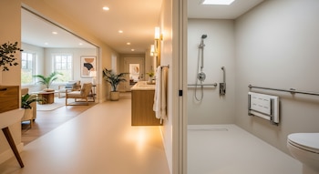 Una vivienda moderna con baño accesible y sala de estar. El baño tiene ducha a ras de suelo, barras de apoyo y asiento plegable. La sala tiene sillones y plantas.