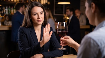 Mujer con traje oscuro rechaza una copa de vino tinto que le ofrece una persona. Fondo borroso con estantería de botellas y clientes de un bar.