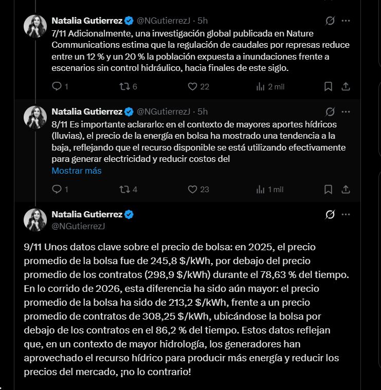 Natalia Gutiérrez también advirtió que no toda el agua disponible puede transformarse en energía - crédito @NGutierrezJ/X