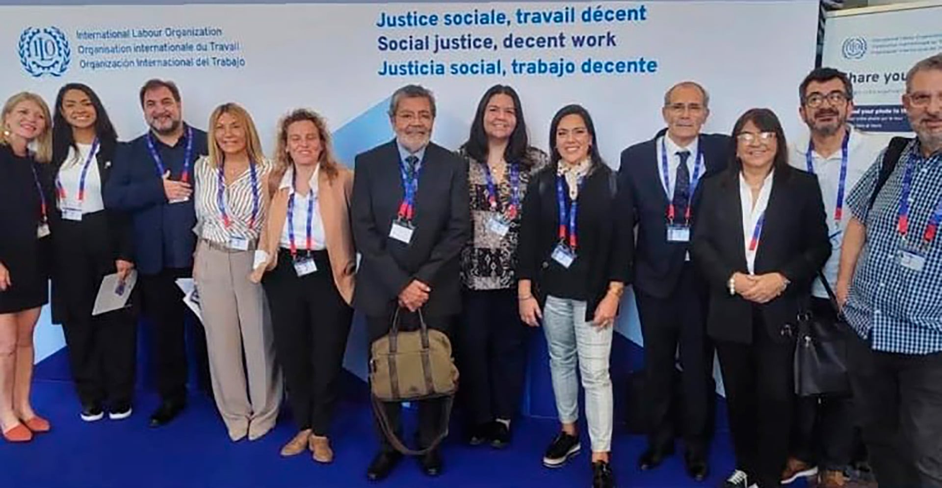 Gerardo Martínez, Maia Volcovinsky, Marta Pujadas, Laura Sasprizza y otros miembros de la delegación de la CGT en la Organización Internacional del Trabajo (OIT)