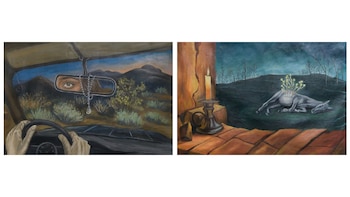 Dos pinturas contiguas: una con manos al volante y un retrovisor, y otra con una vela encendida junto a un caballo en un paisaje nocturno