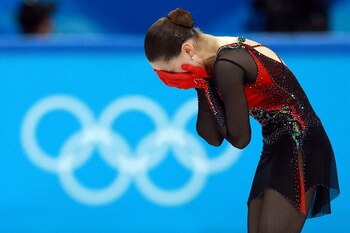 2022 Beijing Olympics - Figure Skating - Women Single Skating - Free Skating - Capital Indoor Stadium, Beijing, China - February 17, 2022. Kamila Valieva of the Russian Olympic Committee reacts after her performance. REUTERS/Eloisa Lopez SEARCH "BEST OF THE OLYMPICS" FOR BEIJING 2022 WINTER OLYMPICS EDITOR'S CHOICE, SEARCH "REUTERS OLYMPICS TOPIX" FOR ALL EDITOR'S CHOICE PICTURES TPX IMAGES OF THE DAY