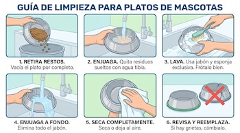 Una infografía con seis ilustraciones que muestran el proceso paso a paso para limpiar platos de mascotas, desde vaciar hasta secar y revisar el estado.