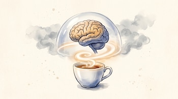 Taza de café humeante bajo una cúpula transparente que cubre un cerebro humano, rodeada por nubes grises sobre fondo claro.