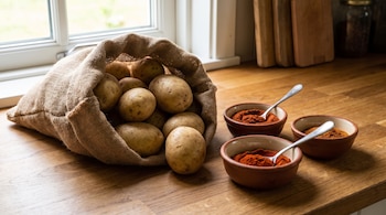 Un saco de arpillera con papas y tres cuencos de barro con especias en polvo y cucharas sobre una mesa de madera junto a una ventana.