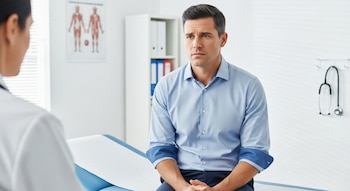 Un hombre sentado en camilla de examen, con camisa celeste, mira a un médico de espaldas. Un cartel de anatomía y un estetoscopio cuelgan en la pared.