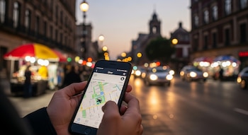 Manos de una persona sosteniendo un smartphone con la aplicación de Uber abierta, mostrando un mapa y un coche, en una calle con tráfico y edificios al atardecer.