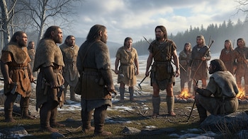 Ilustración de neandertales y sapiens en un paisaje frío y boscoso. Visten pieles, portan herramientas y hay un pequeño fuego en el centro.