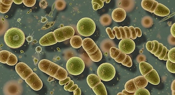 Vista microscópica detallada de numerosos organismos tridimensionales en tonos verdes y marrones, flotando en un líquido, bajo iluminación científica.