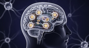 Imagen 3D de una cabeza humana translúcida en corte sagital que revela un cerebro con neuronas que contienen esferas de lípidos y rutas energéticas en un fondo oscuro.