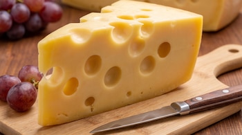Una cuña de queso amarillo con agujeros sobre una tabla de madera, acompañada por un cuchillo de mango de madera y uvas rojas.