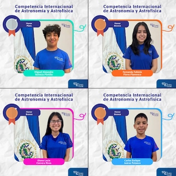 Estudiantes salvadoreños también lograron reconocimientos en la IAAC de astronomía y astrofísica, con distinciones para Miguel Alejandro Somoza Portillo, Fernanda Fabiola Flamenco Flores, Diana Lucía Corvera Rivas y Carlos Enrique Juárez Polanco. (Foto cortesía Programa Jóvenes Talento El Salvador)
