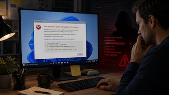 Un hombre mira la pantalla de una computadora con una falsa ventana de "System Error" de Windows superpuesta sobre un fondo de código binario rojo