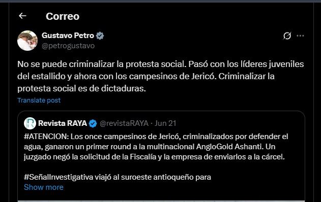 Gustavo Petro habló en su cuenta de X de los 11 campesinos de Jericó - crédito @petrogustavo