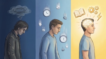 Ilustración de un hombre en tres secciones. Nube de garabatos sobre la cabeza; pastillas y relojes cayendo; cerebro brillante, libro, engranajes y rayo.