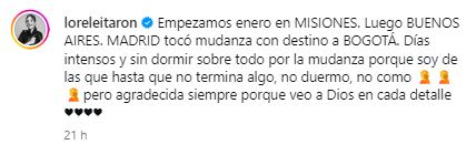 La esposa de Falcao no se guardó nada y aseguró que está afectándole el tiempo - crédito @loreleitaron/IG