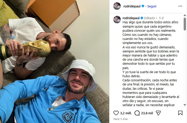 La publicación de Rodrigo De Paul después del anuncio de Lionel Messi