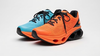 Par de zapatillas deportivas, una naranja brillante y otra azul celeste, con cordones negros, dispuestas en un ángulo sobre un fondo blanco liso.