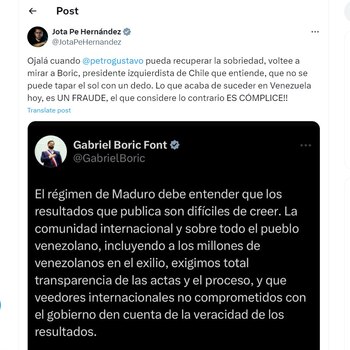 Jota Pe Hernández le dijo al presidente Gustavo Petro, que se fijara en la actitud de Gabriel Boric - crédito @JotaPeHernandez