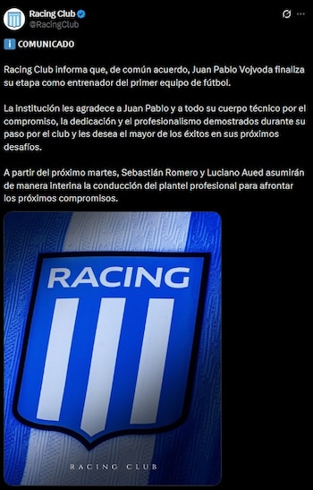 El comunicado oficial de Racing para informar la salida de Vojvoda