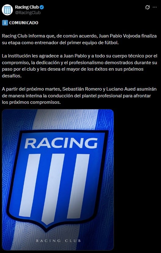 El comunicado oficial de Racing para informar la salida de Vojvoda