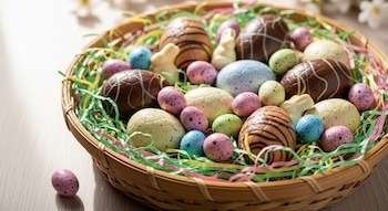 Una cesta de mimbre llena de huevos de chocolate grandes, huevos pequeños salpicados de colores, conejos de chocolate blanco y papel triturado de Pascua.