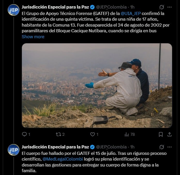 La Jurisdicción Especial para la Paz, a través de su equipo forense, pudo identificar a una quinta persona en el sitio conocido como La Escombrera - crédito @JEP_Colombia