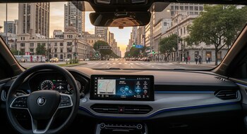Vista desde el interior de un automóvil moderno, mostrando el volante, el tablero y una gran pantalla táctil con mapa de navegación, mientras circula por una avenida arbolada de una ciudad al atardecer.
