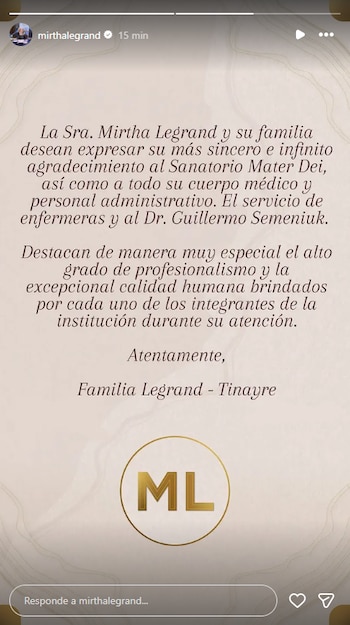 La familia Legrand-Tinayre agradeció al Sanatorio Mater Dei, al cuerpo médico, al personal administrativo, al servicio de enfermeras y al doctor Guillermo Semeniuk
