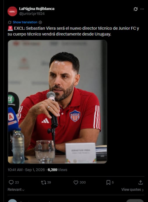 Sebastián Viera será el nuevo entrenador de Junior tras el acuerdo para reemplazar a Alfredo Arias-crédito @juniorlpr1924/X