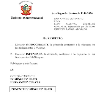 Documento oficial del Tribunal Constitucional del Perú con membrete nacional, número de expediente y la resolución firmada por tres magistrados