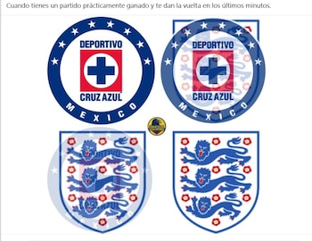 Texto sobre perder un partido. Dos logos del club Cruz Azul de México y dos escudos de la selección de fútbol de Inglaterra. Pequeño logo