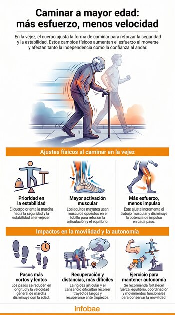 Infografía con hombre mayor y bastón, joven, gráficos de estabilidad, tobillo, pierna, huellas, persona cansada y elementos de ejercicio.