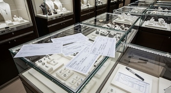 Interior de joyería moderna con vitrinas de lujo. Documentos financieros y cheques reposan sobre el mostrador de vidrio junto a anillos, relojes y collares.