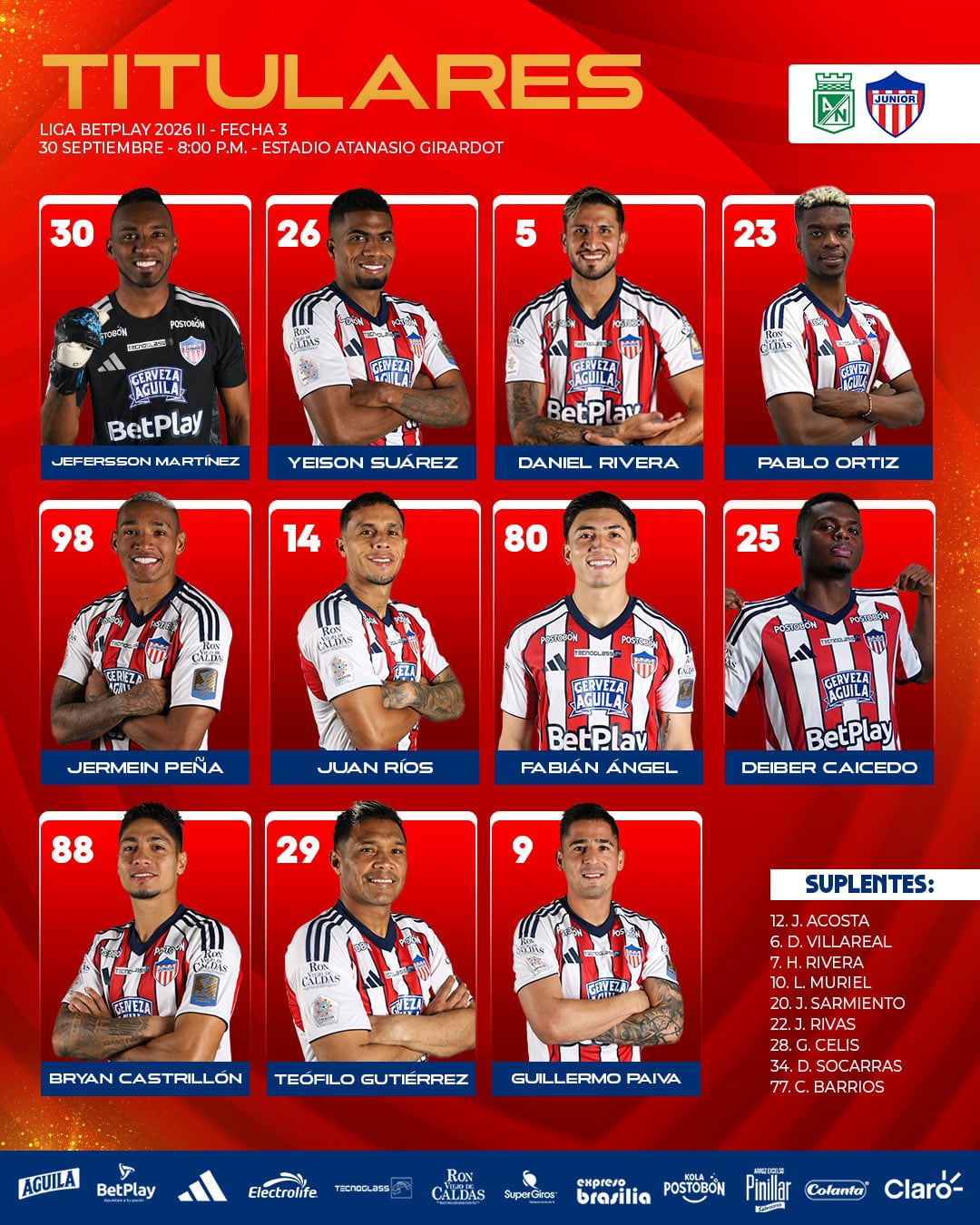 Once titular de Junior de Barranquilla para enfrentar a Atlético Nacional - crédito Junior