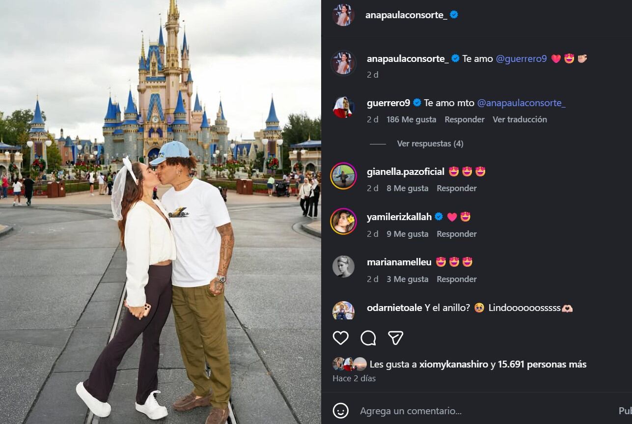 Ana Paula Consorte y Paolo Guerrero desatan rumores de matrimonio tras viaje familiar a Disney. Infobae Perú / Captura: IG